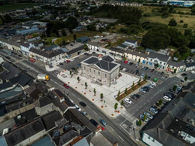 Aerial view of Edenderry town centre and the Town Hall square