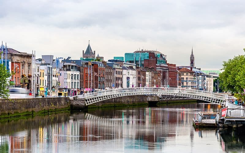 Dublin city centre and the Ha'penny Bridge on the Liffey